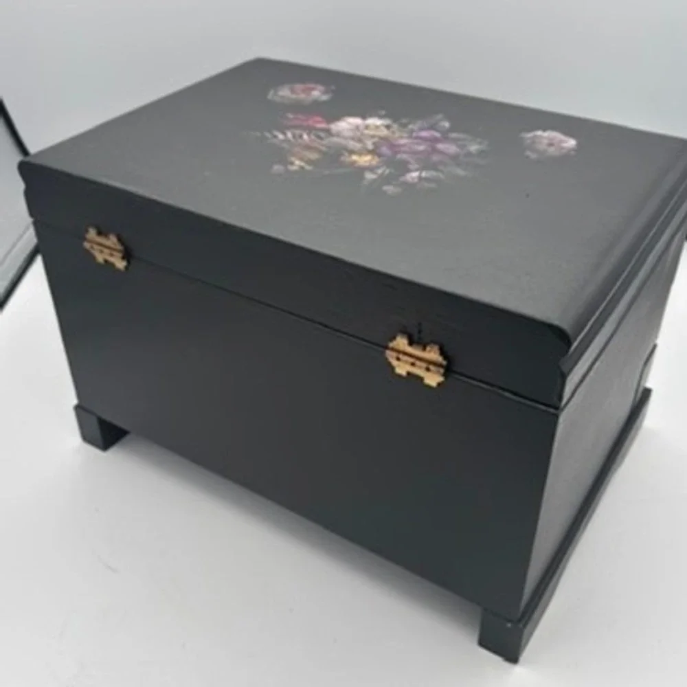 Vintage Wood Jewelry Box Organizer Black Floral Decal Storage Chest Cottagecore